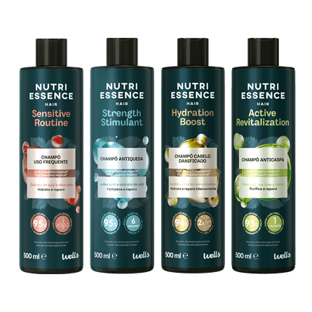 Quatro frascos da linha Nutri Essence, da Wells